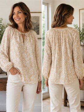 HAVER London Beige Floral Tie Neck Blouse Long Sleeve Boho Top Size Medium